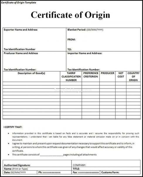 Certificate of Origin (C/O) Service for Exports
